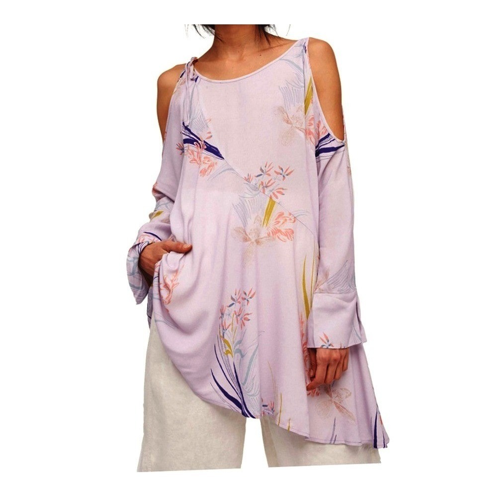 Free People Lavender Floral Cold Shoulder Tunic Top Purple Boho Size M